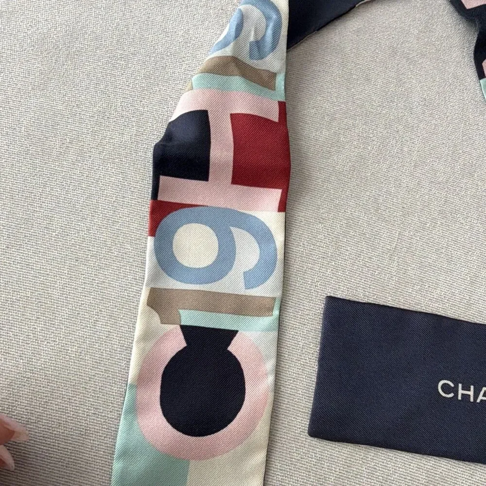 Chanel 100% Silk Slim Bandeau Scarf Navy Blue Pink Letter Print Logo Twilly